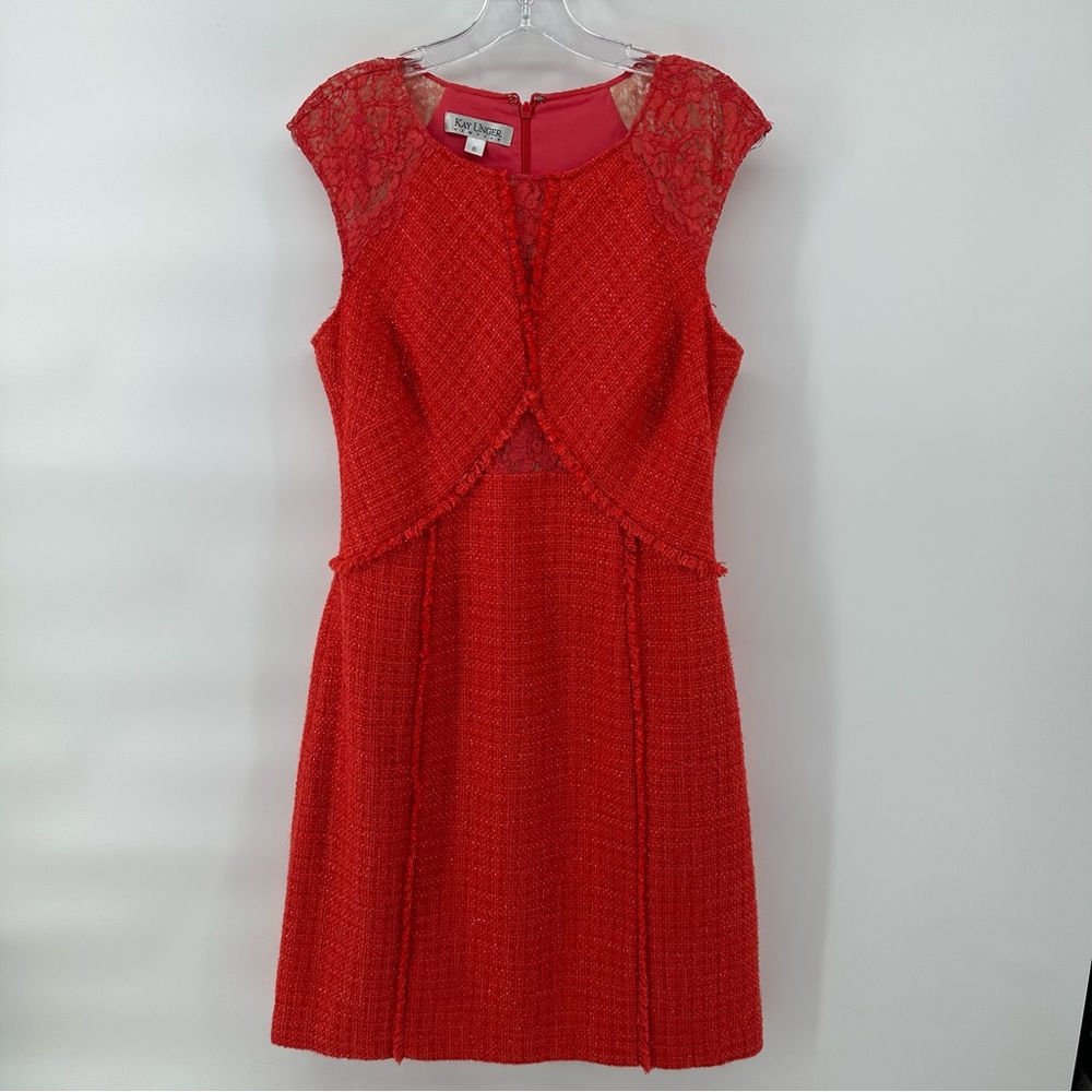 Kay Unger Red Tweed Lace Overlay Silk Blend Elegant chic bodice timeless dress 8